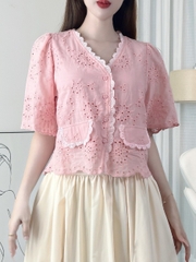Áo Boi Thêu Dáng Baby Doll Cổ V Tay Ngắn Viền Ren Phối Túi Đi Biển Đi Dạo MIMIX - EJ3