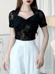 Áo Kiểu Nữ Tay Ngắn Chất Lưới Ép Nhung Đi Làm Đi Tiệc MIMIX - EK2