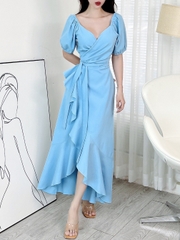 Đầm Maxi Đắp Chéo Viền Bèo Tay Bí 3 Màu Chất Đũi Vân Gỗ Đi Biển MIMIX - EO2