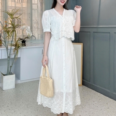 Set Váy Nữ Áo Nơ Mix Chân Váy Viền Ren Dọc Chất Boi Thêu Đi Du Lịch MIMIX - FM7