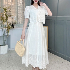 Set Váy Nữ Áo Nơ Mix Chân Váy Viền Ren Dọc Chất Boi Thêu Đi Du Lịch MIMIX - FM7