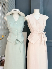 Set Váy Nữ Áo Gile Mix Chân Váy Dáng Suông Dài Phối Xẻ Tà Chất Tweet Chéo Mỏng Công Sở MIMIX - EW5