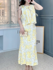 Set Váy Nữ Áo Sát Nách Nơ Đôi Mix Chân Váy Đuôi Cá Dáng Dài Chất Linen Gân Đi Biển MIMIX - FA0