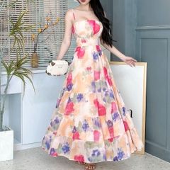 Váy Maxi In Hoa 2 Dây Cúp Ngực Dáng Dài Xòe Chất Voan Hàn Đi Biển MIMIX  - FB0