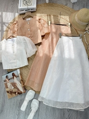 Set Váy Ren Áo Cổ Tròn Nút Hoa Mix Chân Váy Xòe Chất Ren Ép Tapfa Đi Tiệc Đi Làm MIMIX - FC2