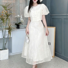 Set Váy Ren Áo Cổ Tròn Nút Hoa Mix Chân Váy Xòe Chất Ren Ép Tapfa Đi Tiệc Đi Làm MIMIX - FC2