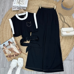 Set Bộ Trơn Áo Sát Nách Viền Trắng Mix Quần Dáng Dài Chất Lụa Trượt Chéo Đi Làm MIMIX - FC4