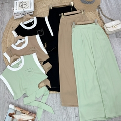 Set Bộ Trơn Áo Sát Nách Viền Trắng Mix Quần Dáng Dài Chất Lụa Trượt Chéo Đi Làm MIMIX - FC4