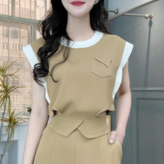 Set Bộ Trơn Áo Sát Nách Viền Trắng Mix Quần Dáng Dài Chất Lụa Trượt Chéo Đi Làm MIMIX - FC4