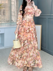 Set Bộ Váy Hoa Áo Croptop Tay Dài Mix Chân Váy Dáng Dài Chất Tơ Đi Du Lịch MIMIX - FD3