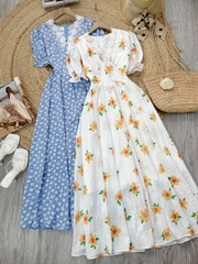 Váy Maxi Cổ V Viền Ren Dáng Dài Chất Cotton In Hoa Đi Dạo Phố MIMIX - FD8