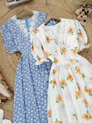 Váy Maxi Cổ V Viền Ren Dáng Dài Chất Cotton In Hoa Đi Dạo Phố MIMIX - FD8