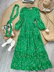 Váy Maxi Hoa Tay Dài Smocking Thân Dáng Dài Chất Tơ Đi Du Lịch MIMIX - FD9