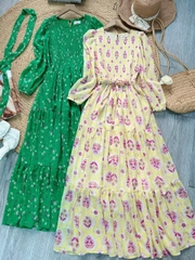 Váy Maxi Hoa Tay Dài Smocking Thân Dáng Dài Chất Tơ Đi Du Lịch MIMIX - FD9