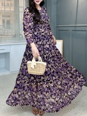 Váy Maxi Hoa Tay Dài Smocking Thân Dáng Dài Chất Tơ Đi Du Lịch MIMIX - FD9