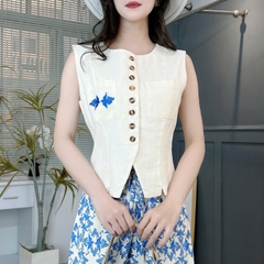 Set Bộ Thêu Áo Gile Mix Chân Váy Họa Tiết Chất Linen Đi Biển MIMIX - FE5