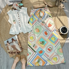 Set Bộ Thêu Áo Gile Mix Chân Váy Họa Tiết Chất Linen Đi Biển MIMIX - FE5