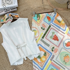 Set Bộ Thêu Áo Gile Mix Chân Váy Họa Tiết Chất Linen Đi Biển MIMIX - FE5
