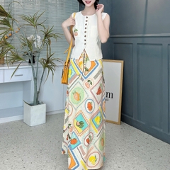 Set Bộ Thêu Áo Gile Mix Chân Váy Họa Tiết Chất Linen Đi Biển MIMIX - FE5