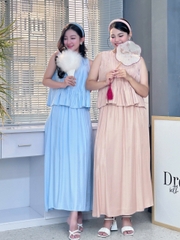 Set Bộ Váy Dáng Dài Trơn Và Áo Xếp Ly Chất Lụa Xà Cừ Đi Du Lịch MIMIX - FE7