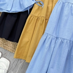 Set Váy Áo Sơ Mi Rút Dây Mix Chân Váy Dáng Dài Xòe Chất Linen Gân Đi Làm Đi Dạo MIMIX - EW2