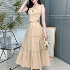 Set Bộ Váy Mix Áo 2 Dây Bản To Dáng Dài Xòe Chất Cotton Đi Du Lịch MIMIX - FF1