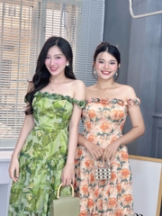 Váy Maxi Hoa Dáng Dài Cổ Viền Hoa Chất Tơ Pha Lê Đi Tiệc Đi Biển MIMIX - FF5