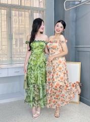 Váy Maxi Hoa Dáng Dài Cổ Viền Hoa Chất Tơ Pha Lê Đi Tiệc Đi Biển MIMIX - FF5