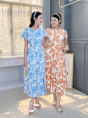 Đầm Maxi Hoa Tay Hến Dáng Dài Phối Chiết Eo Xéo Chất Linen Bambo Sược Đi Tiệc Đi Dạo MIMIX - FG0