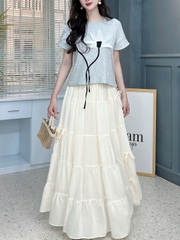 Chân Váy Nữ Trơn Tầng Đính Nơ Chất Tơ Cotton Đi Du Lịch MIMIX - FG6