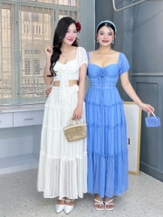 Set Áo Cúp Tay Ngắn Mix Chân Váy Dáng Dài Xòe Chất Tơ Thêu IC Đi Biển Đi Tiệc MIMIX - FG8