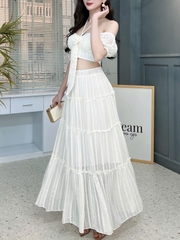 Set Áo Cúp Tay Ngắn Mix Chân Váy Dáng Dài Xòe Chất Tơ Thêu IC Đi Biển Đi Tiệc MIMIX - FG8