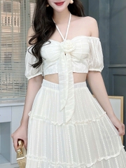 Set Áo Cúp Tay Ngắn Mix Chân Váy Dáng Dài Xòe Chất Tơ Thêu IC Đi Biển Đi Tiệc MIMIX - FG8