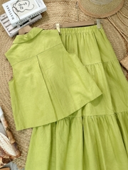 Set Váy Nữ Áo Cổ Sen Phối Hoa 3D Mix Chân Váy Dáng Dài Xòe Chất Linen Tưng Cotton Đi Tiệc MIMIX - FH3