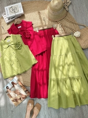 Set Váy Nữ Áo Cổ Sen Phối Hoa 3D Mix Chân Váy Dáng Dài Xòe Chất Linen Tưng Cotton Đi Tiệc MIMIX - FH3