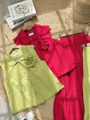 Set Váy Nữ Áo Cổ Sen Phối Hoa 3D Mix Chân Váy Dáng Dài Xòe Chất Linen Tưng Cotton Đi Tiệc MIMIX - FH3