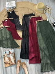 Set Bộ Nữ Áo Yếm Vạt Xéo Mix Quần Dáng Dài Chất Dệt Kim Ánh Nhũ Co Dãn 4 Chiều Đi Tiệc MIMIX - FH7