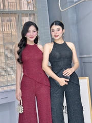 Set Bộ Nữ Áo Yếm Vạt Xéo Mix Quần Dáng Dài Chất Dệt Kim Ánh Nhũ Co Dãn 4 Chiều Đi Tiệc MIMIX - FH7