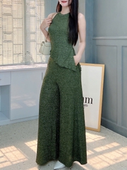 Set Bộ Nữ Áo Yếm Vạt Xéo Mix Quần Dáng Dài Chất Dệt Kim Ánh Nhũ Co Dãn 4 Chiều Đi Tiệc MIMIX - FH7