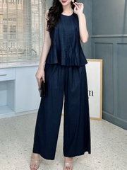 Set Áo Sát Nách Cổ Tròn Xếp Ly Mix Quần Suông Dài Chất Linen Cotton Đi Dạo Phố MIMIX - FH9