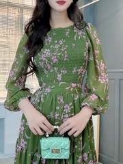 Đầm Maxi Cổ Tròn Tay Dài Họa Tiết Hoa Dáng Dài Chất Tơ IC, Tơ Pha Lê Đi Biển MIMIX - FI1