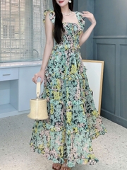 Set Bộ Nữ Áo Smocking Eo Mix Chân Váy Dáng Dài Xòe Hoạ Tiết Hoa Chất Tơ IC Đi Biển MIMIX - FI2