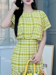 Set Váy Caro Nữ Áo Bí Thuê Nơ Mix Chân Váy Đuôi Cá Dáng Dài Chất Tơ Caro Đi Biển Đi Tiệc MIMIX - FI3