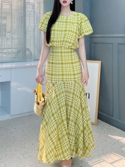 Set Váy Caro Nữ Áo Bí Thuê Nơ Mix Chân Váy Đuôi Cá Dáng Dài Chất Tơ Caro Đi Biển Đi Tiệc MIMIX - FI3