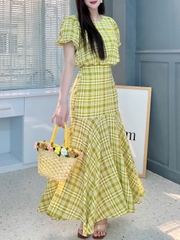 Set Váy Caro Nữ Áo Bí Thuê Nơ Mix Chân Váy Đuôi Cá Dáng Dài Chất Tơ Caro Đi Biển Đi Tiệc MIMIX - FI3