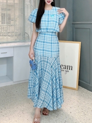 Set Váy Caro Nữ Áo Bí Thuê Nơ Mix Chân Váy Đuôi Cá Dáng Dài Chất Tơ Caro Đi Biển Đi Tiệc MIMIX - FI3