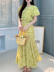 Set Váy Caro Nữ Áo Bí Thuê Nơ Mix Chân Váy Đuôi Cá Dáng Dài Chất Tơ Caro Đi Biển Đi Tiệc MIMIX - FI3