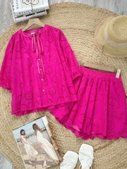 Set Short Nữ Áo Boi Thêu Mix Nơ Và Quần Dáng Ngắn Chất Boi Thêu Dày Đi Dạo Phố MIMIX - FI5