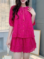 Set Short Nữ Áo Boi Thêu Mix Nơ Và Quần Dáng Ngắn Chất Boi Thêu Dày Đi Dạo Phố MIMIX - FI5