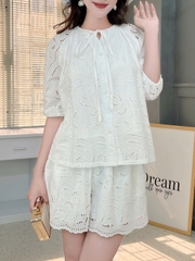 Set Short Nữ Áo Boi Thêu Mix Nơ Và Quần Dáng Ngắn Chất Boi Thêu Dày Đi Dạo Phố MIMIX - FI5